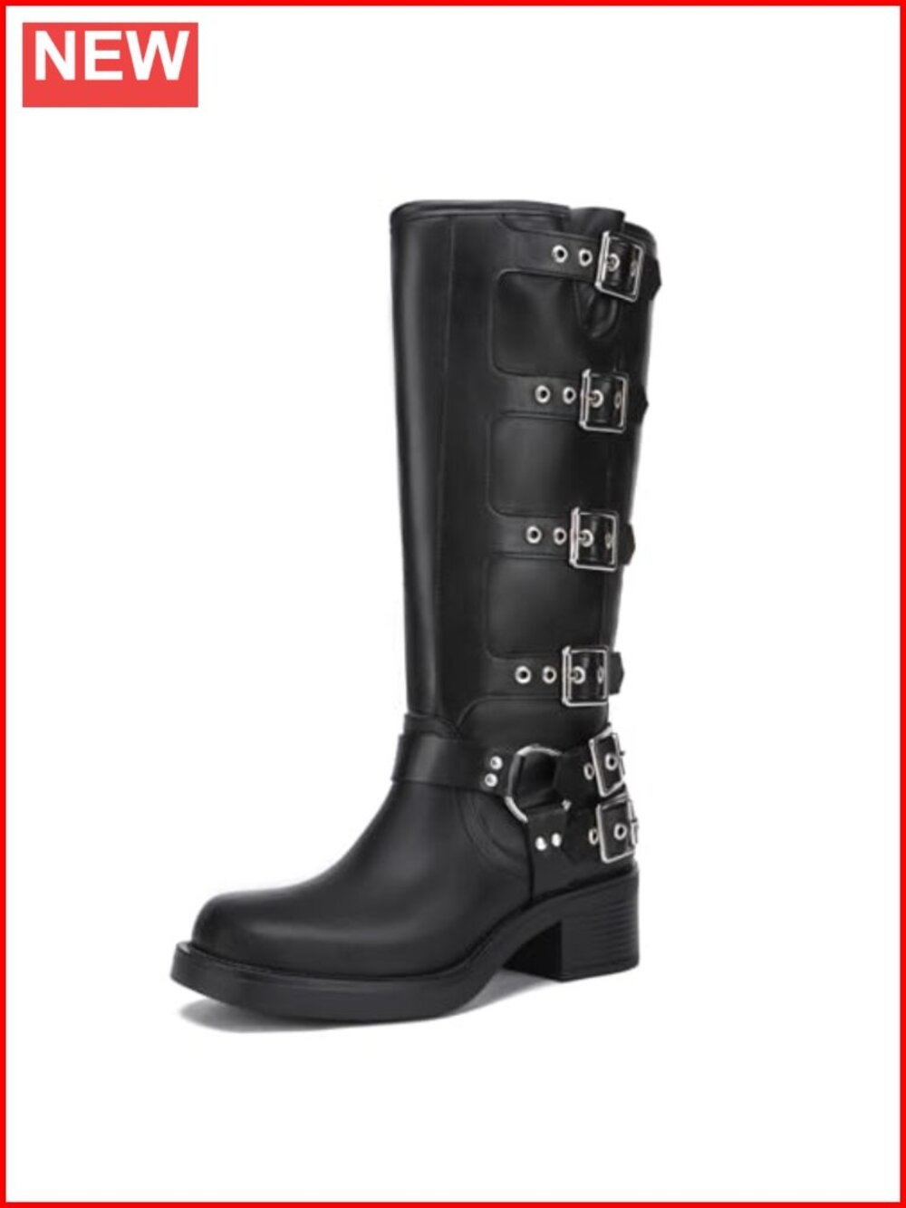 Knee High Riding Boots Faux Leather Chunky Block Heel Buckle Biker Tall